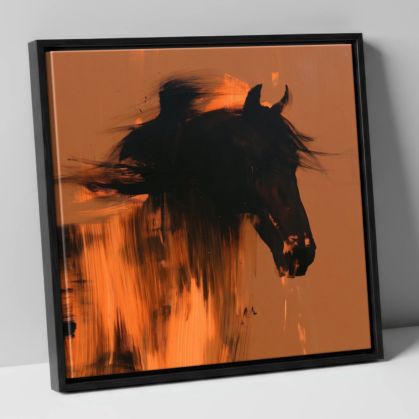 Black Horse Silhouette on Amber horse breed canvas wall art in black frame