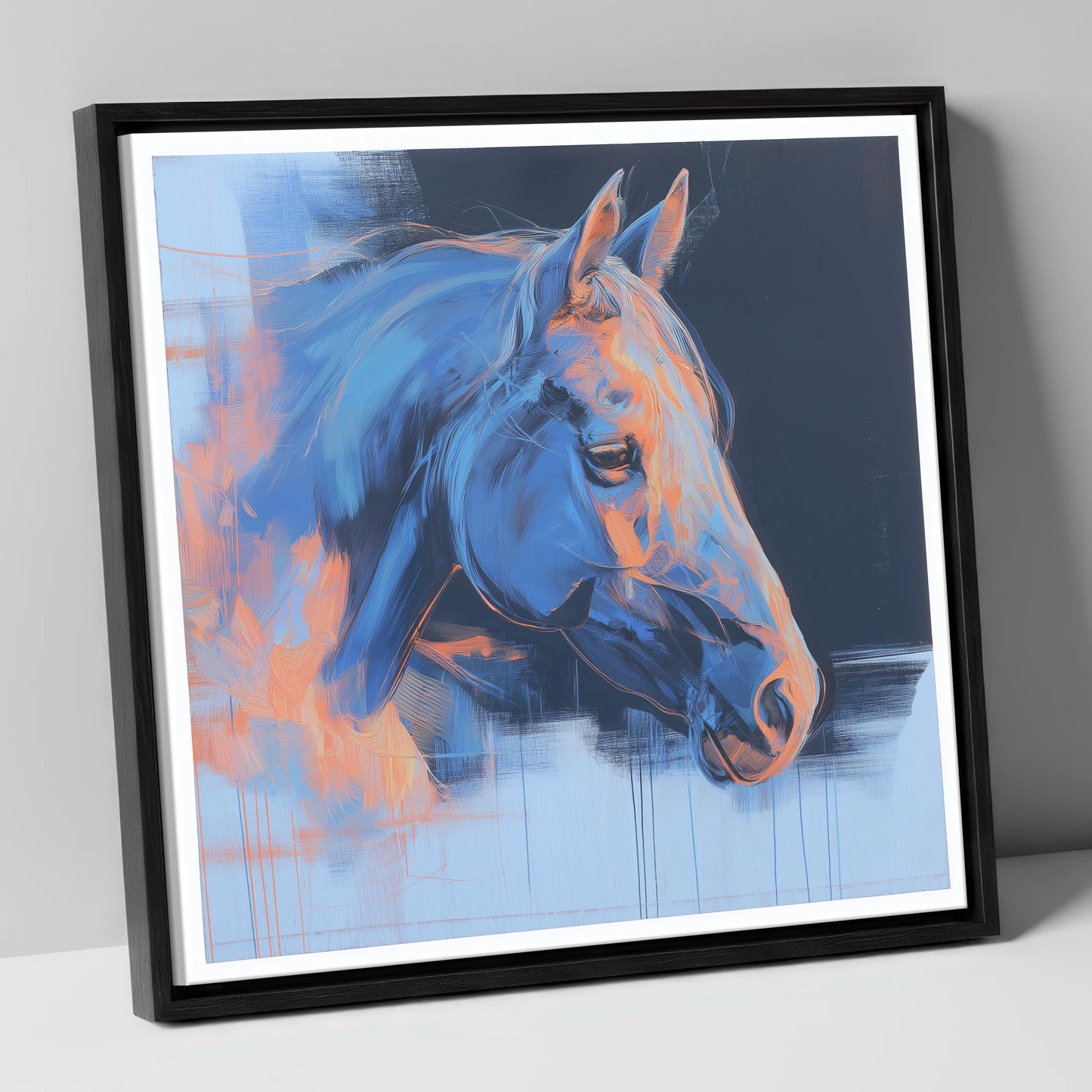 Expressive Cobalt Profile horse portrait canvas wall art in black frame