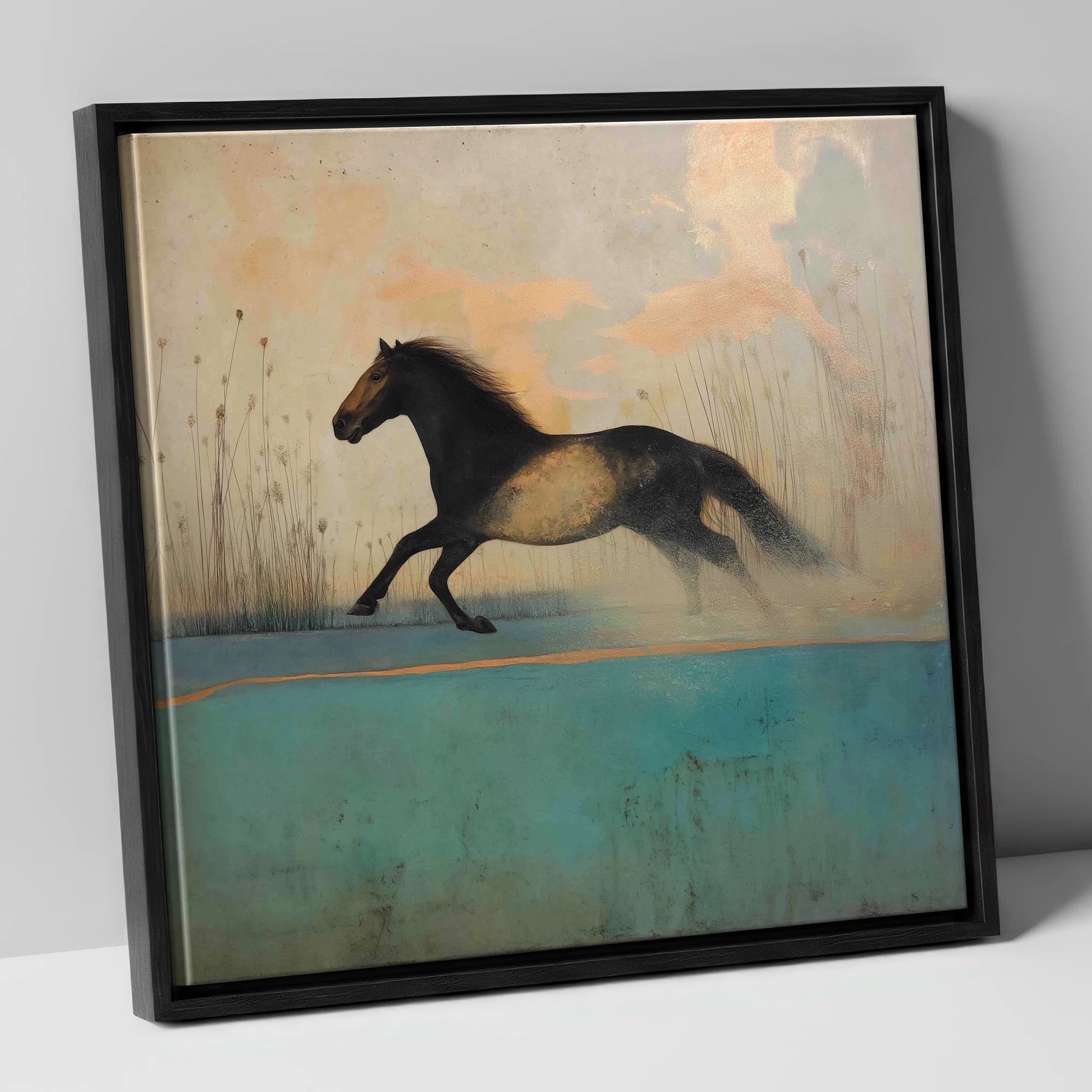Gilded Horizon Canter horse landscape canvas wall art in black frame
