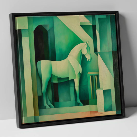 Emerald Stall Geometry horse stable canvas wall art in black frame