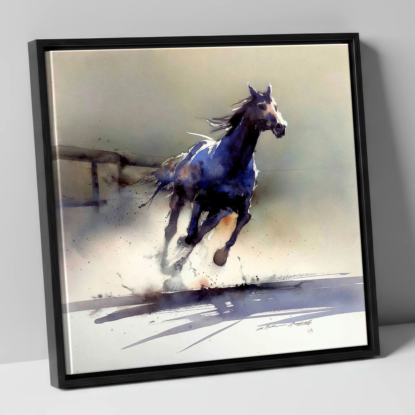 The Breakaway racing horse canvas wall art in black frame