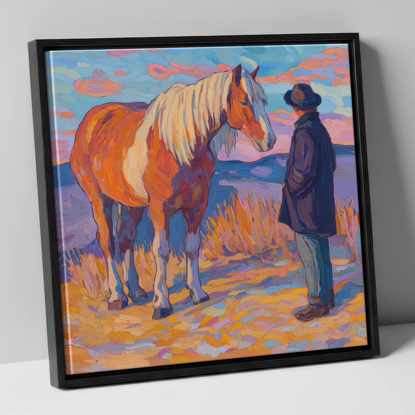Golden Hour Harmony horse & rider canvas wall art in black frame