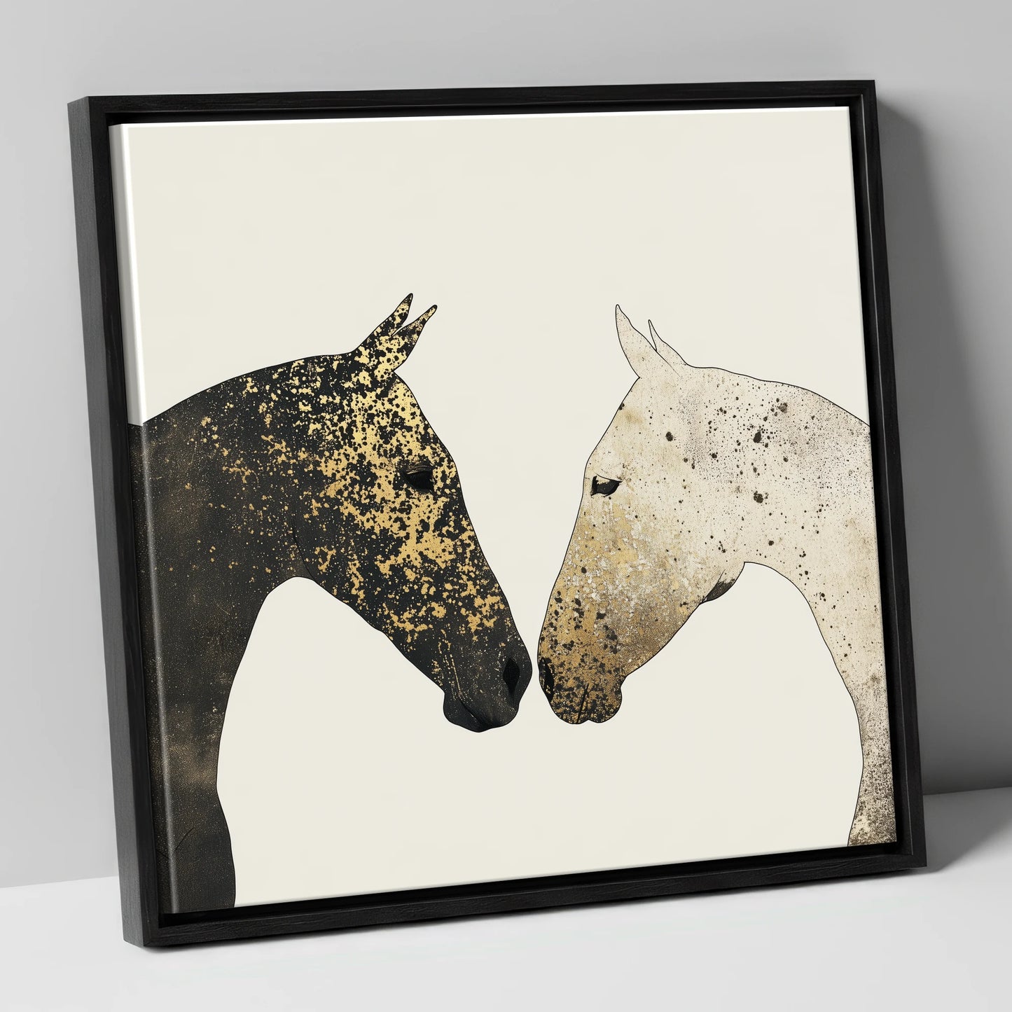 Gilded Encounter horse portrait canvas wall art in black frame