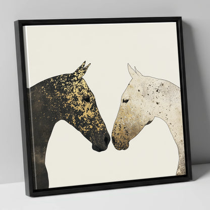 Gilded Encounter horse portrait canvas wall art in black frame