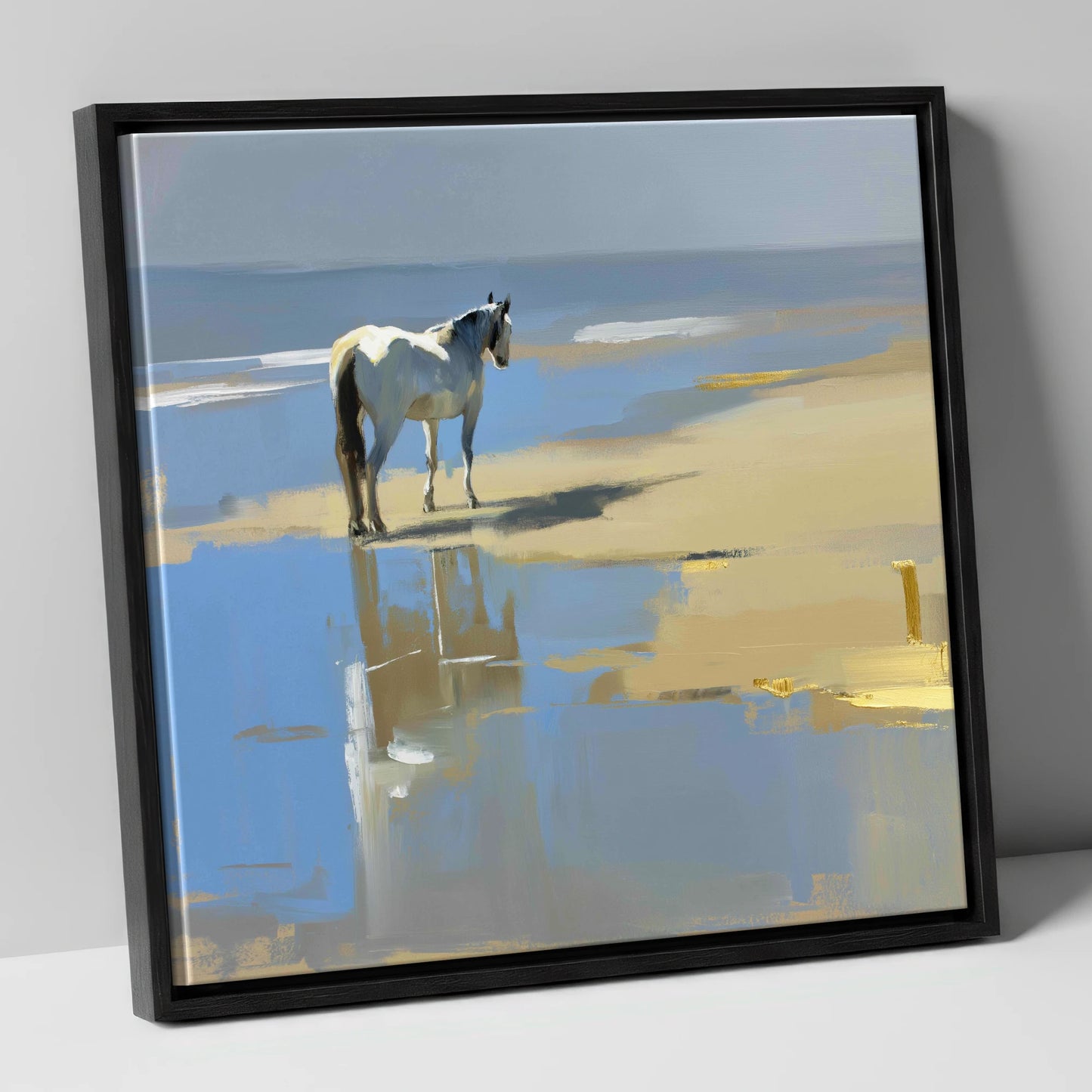 Shoreline Solitude horse landscape canvas wall art in black frame