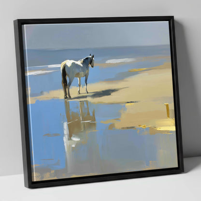 Shoreline Solitude horse landscape canvas wall art in black frame