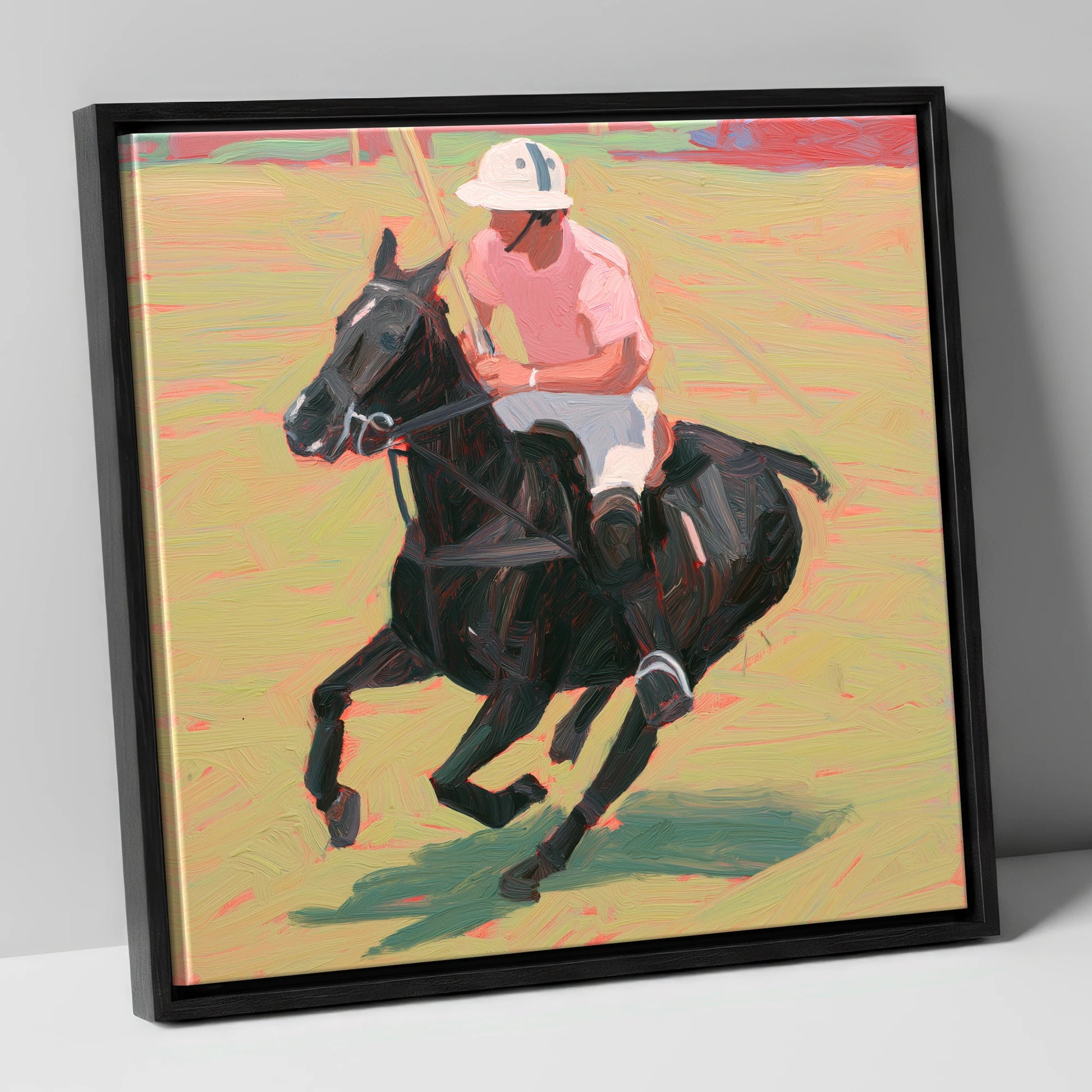 The Pink Chukka polo horse canvas wall art in black frame