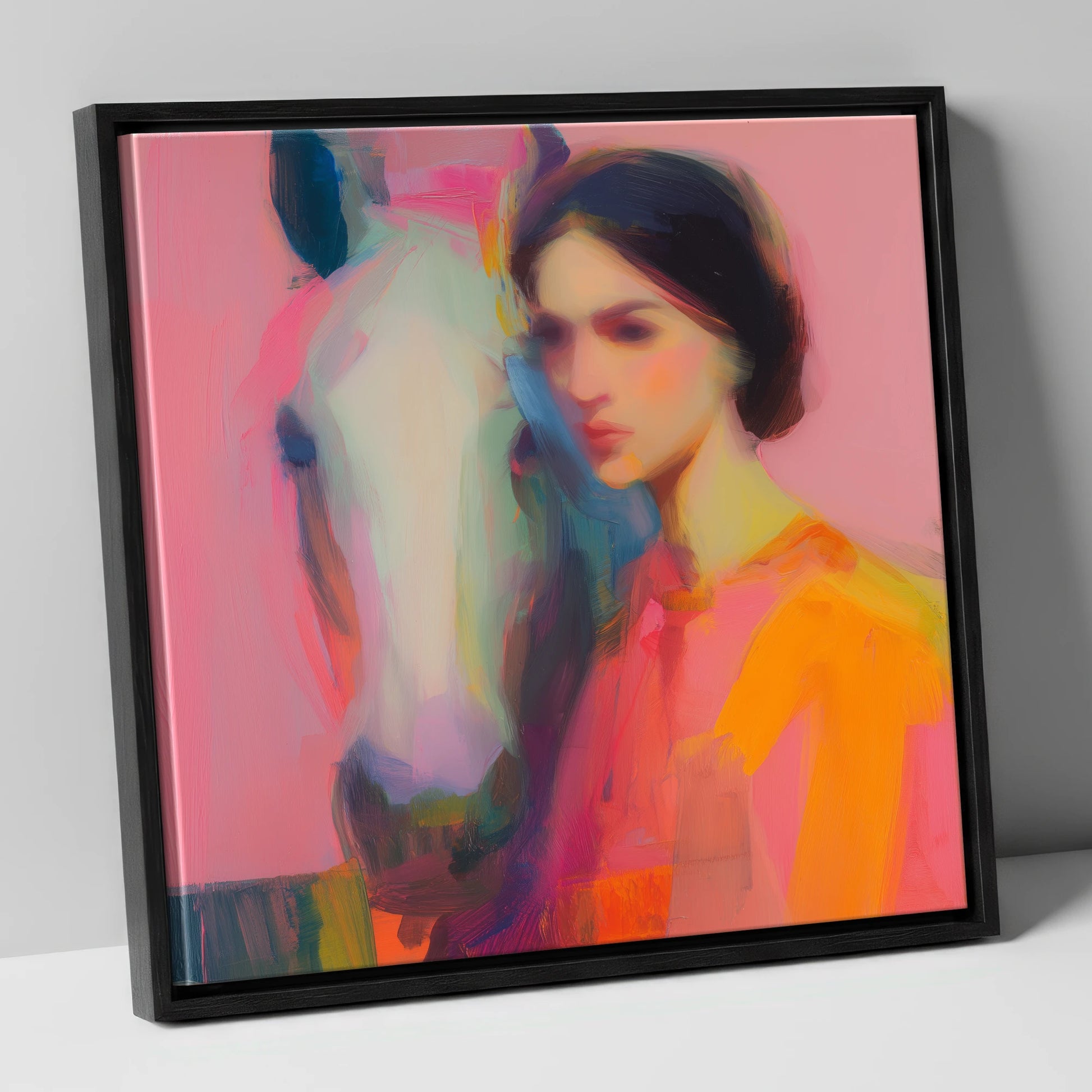 Vibrant Connection horse & rider canvas wall art in black frame