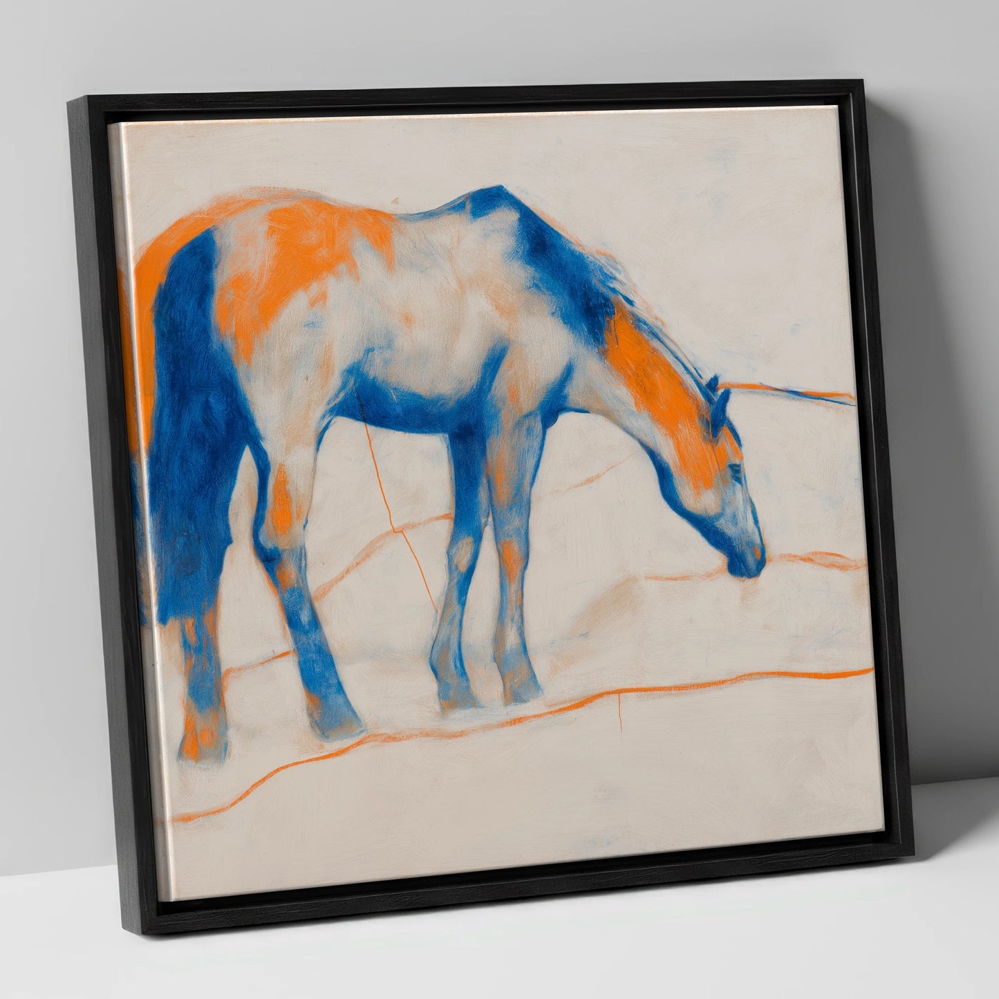 Vibrant Ultramarine Grazer horse portrait canvas wall art in black frame