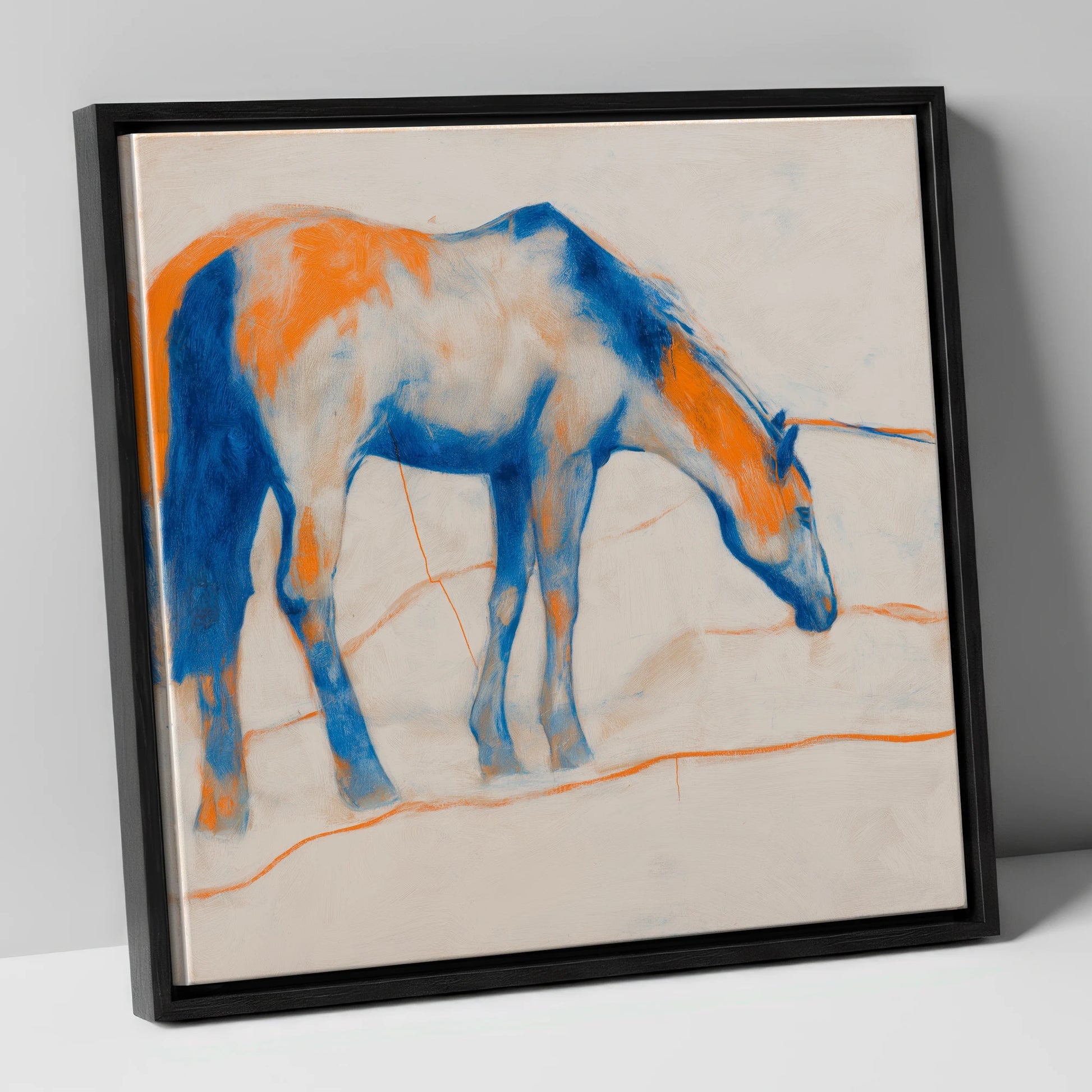 Vibrant Ultramarine Grazer horse portrait canvas wall art in black frame