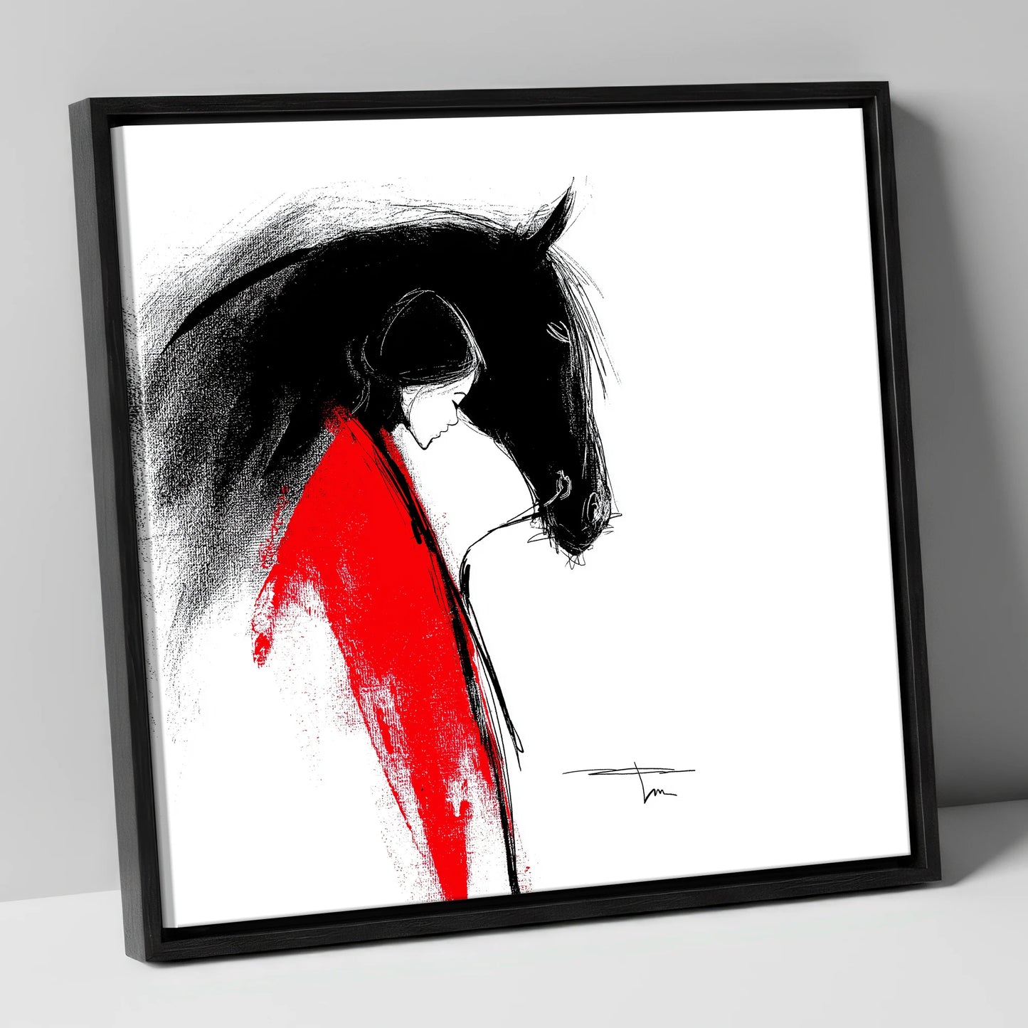 Crimson Connection horse & rider canvas wall art in black frame