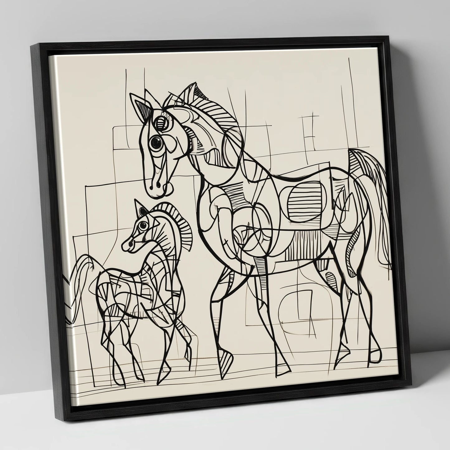 Linear Connection mare & foal canvas wall art in black frame