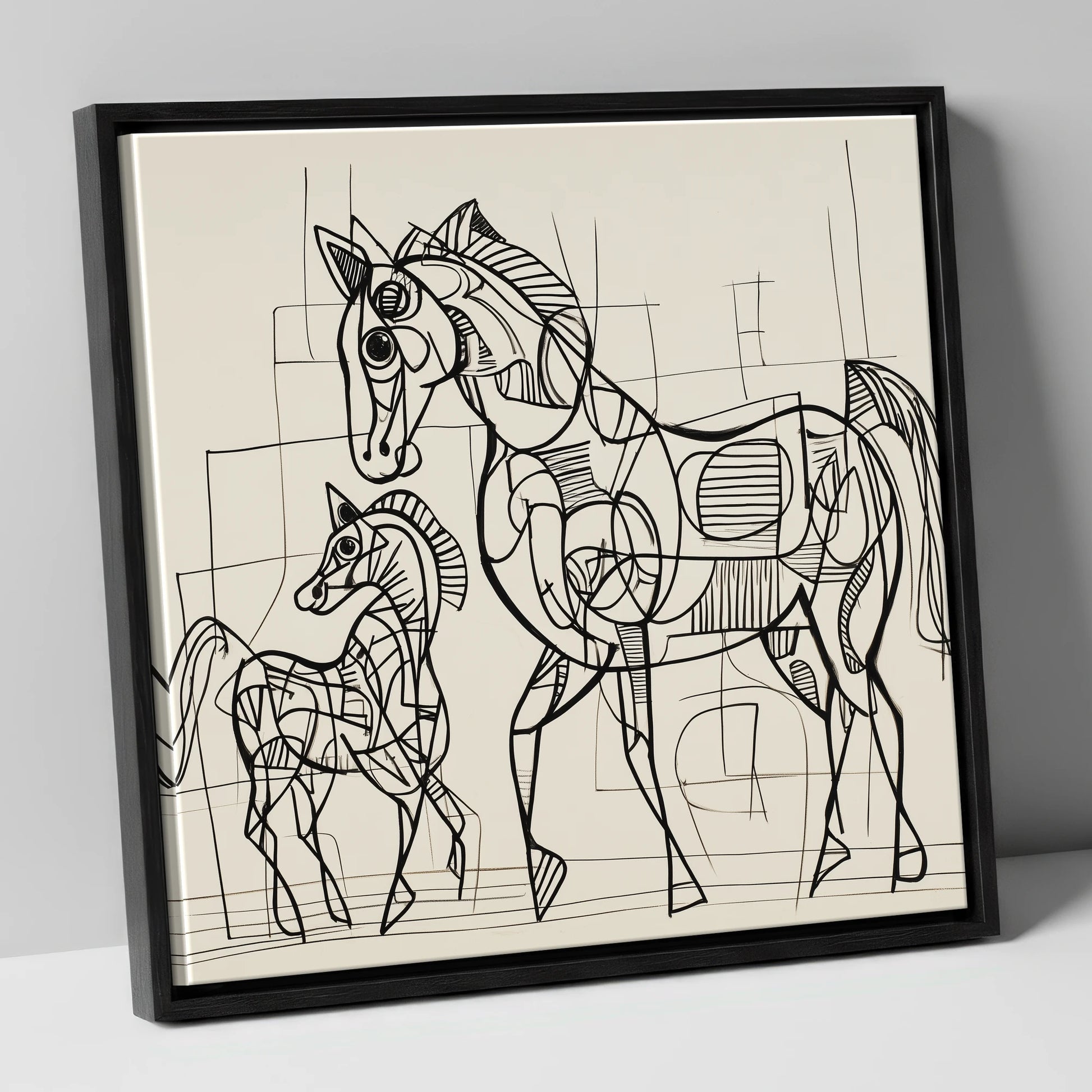 Linear Connection mare & foal canvas wall art in black frame