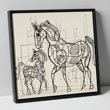 Linear Connection mare & foal canvas wall art in black frame