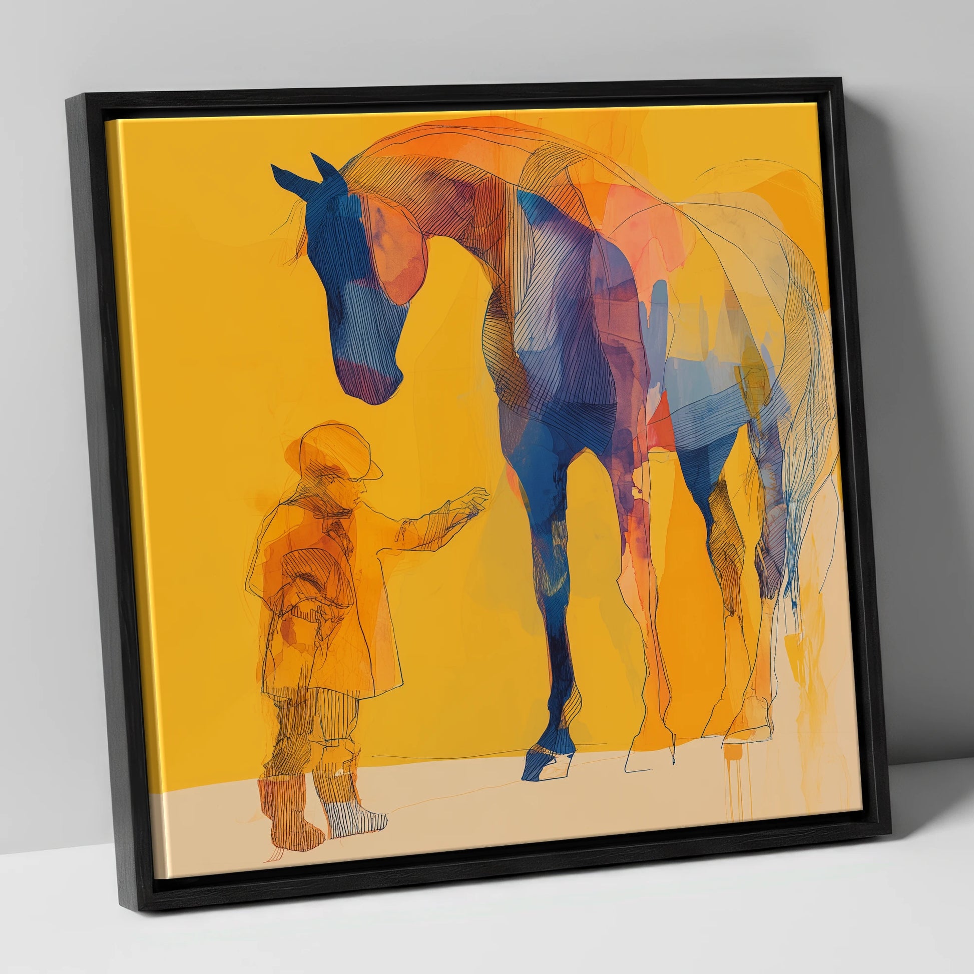 First Encounter in Gold horse & rider canvas wall art in black frame