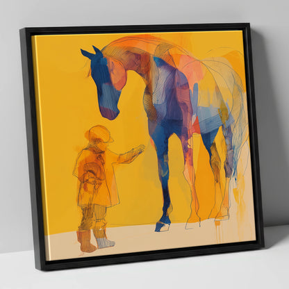 First Encounter in Gold horse & rider canvas wall art in black frame
