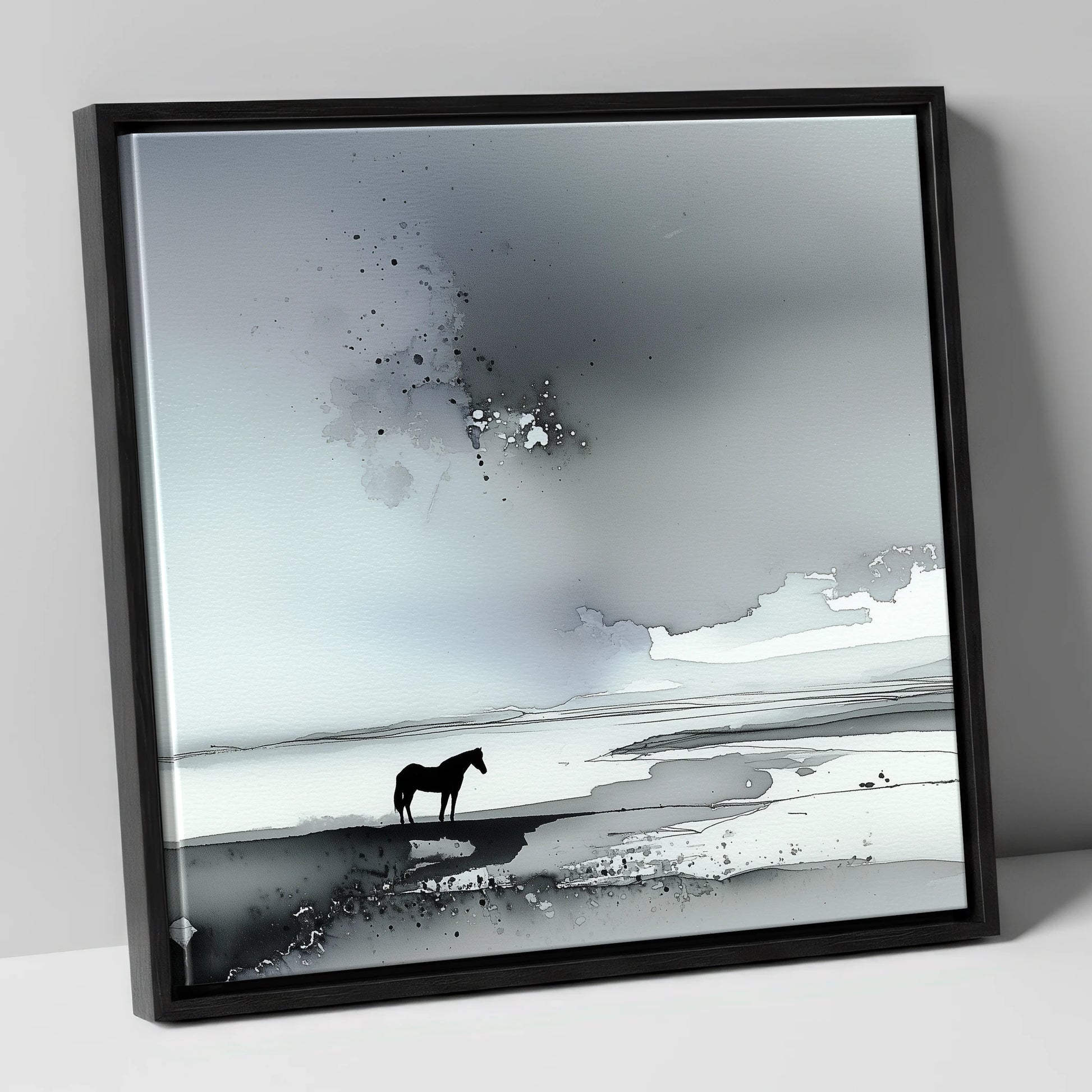 Solitary Horizon horse landscape canvas wall art in black frame