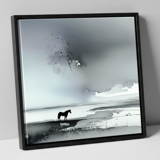 Solitary Horizon horse landscape canvas wall art in black frame