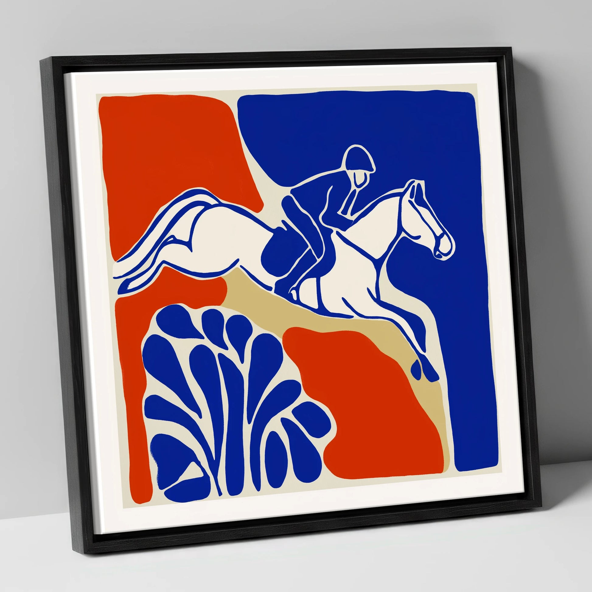 Cobalt Leap show jumping horse canvas wall art in black frame