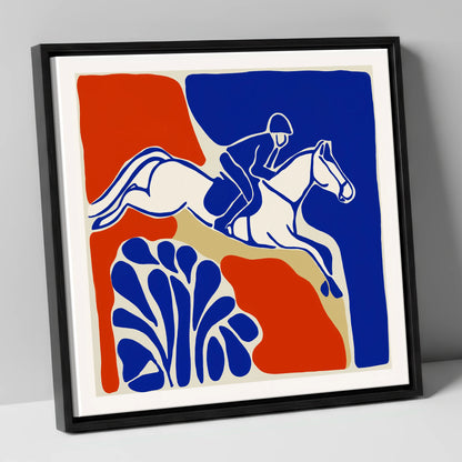 Cobalt Leap show jumping horse canvas wall art in black frame