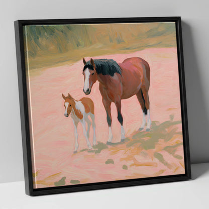 The Gentle Bond mare & foal canvas wall art in black frame