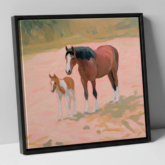 The Gentle Bond mare & foal canvas wall art in black frame