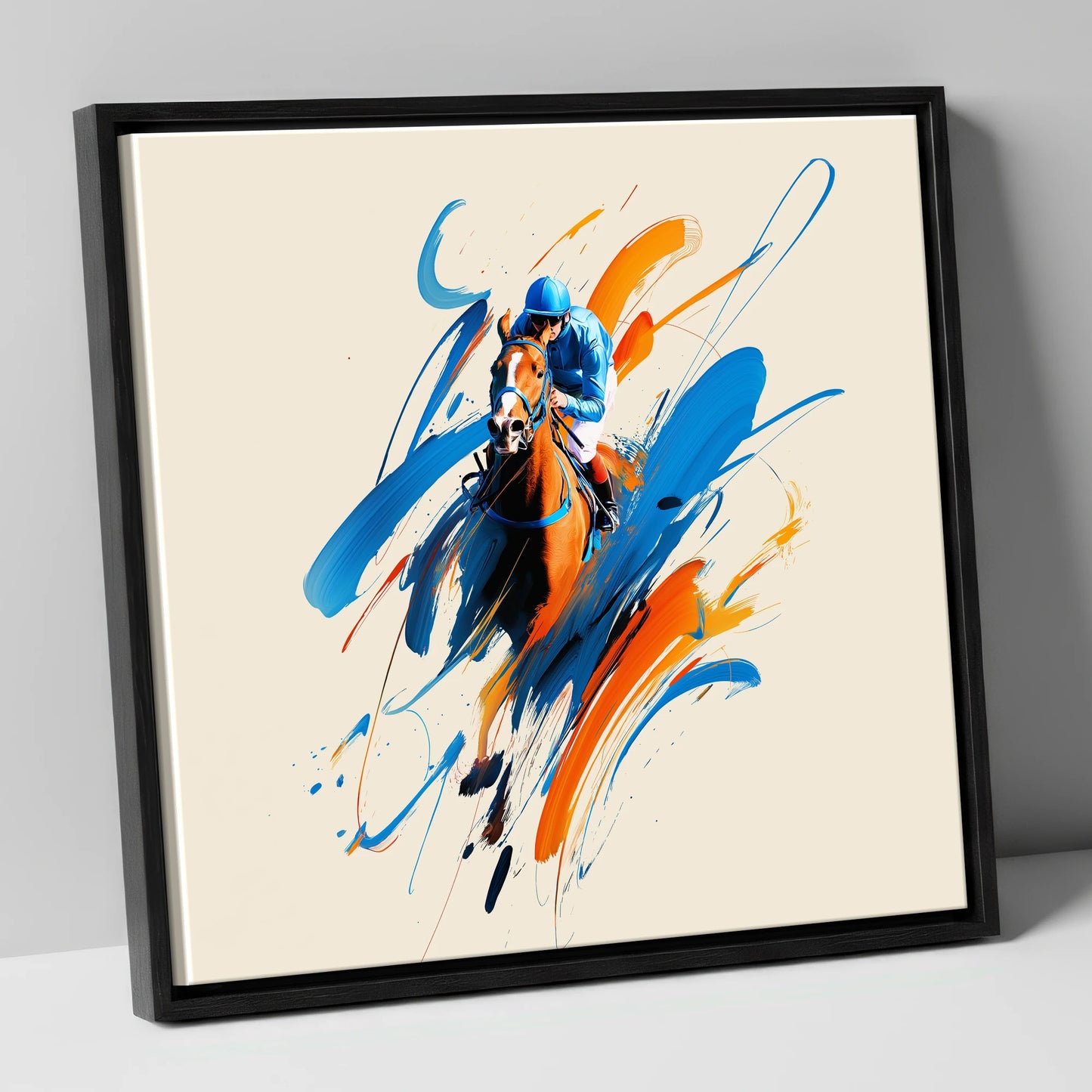 Sprint to the Wire racing horse canvas wall art in black frame