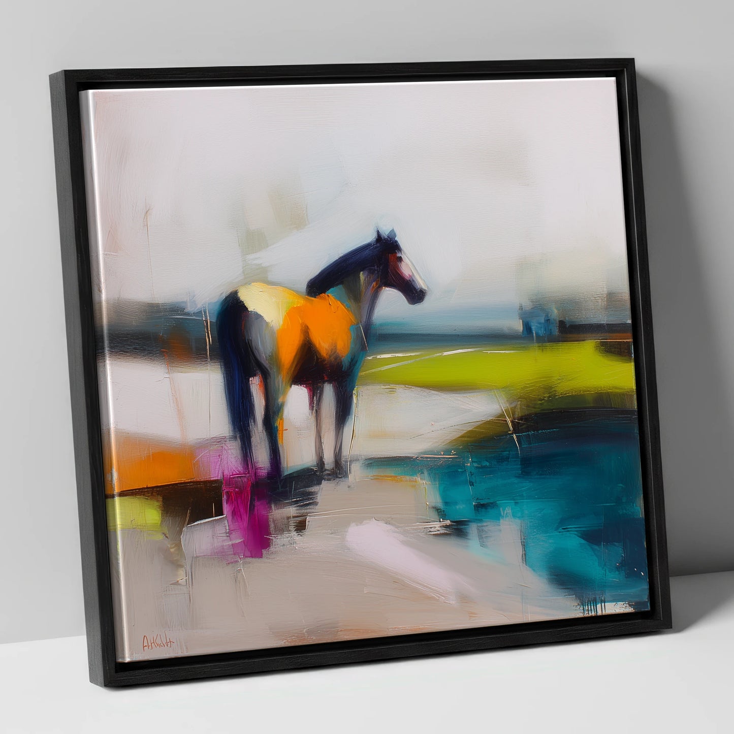 Abstract Equine Horizon horse landscape canvas wall art in black frame