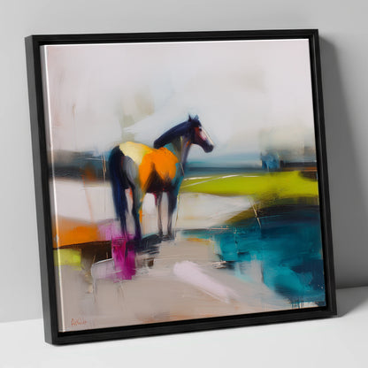 Abstract Equine Horizon horse landscape canvas wall art in black frame