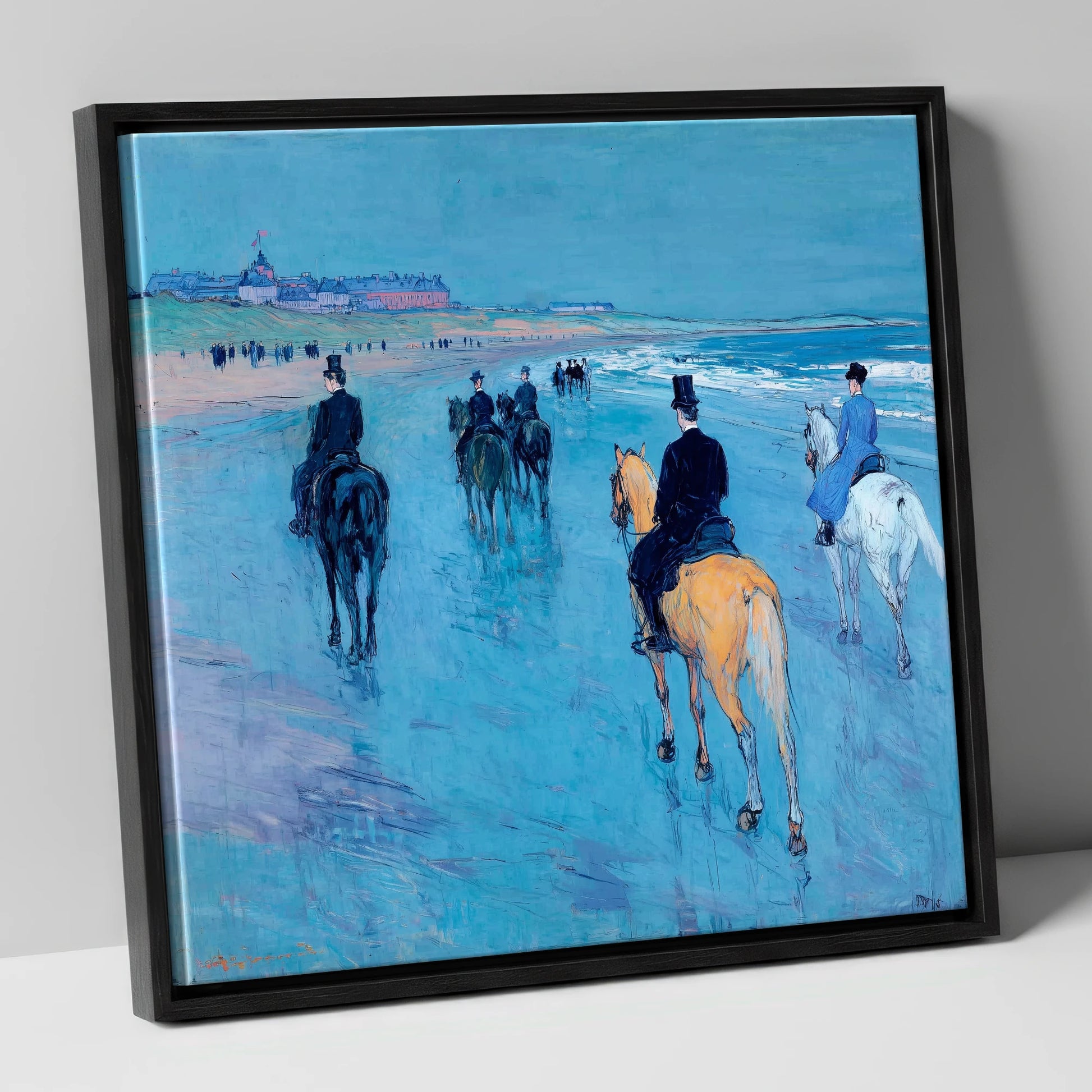 Azure Shore Riders horse landscape canvas wall art in black frame