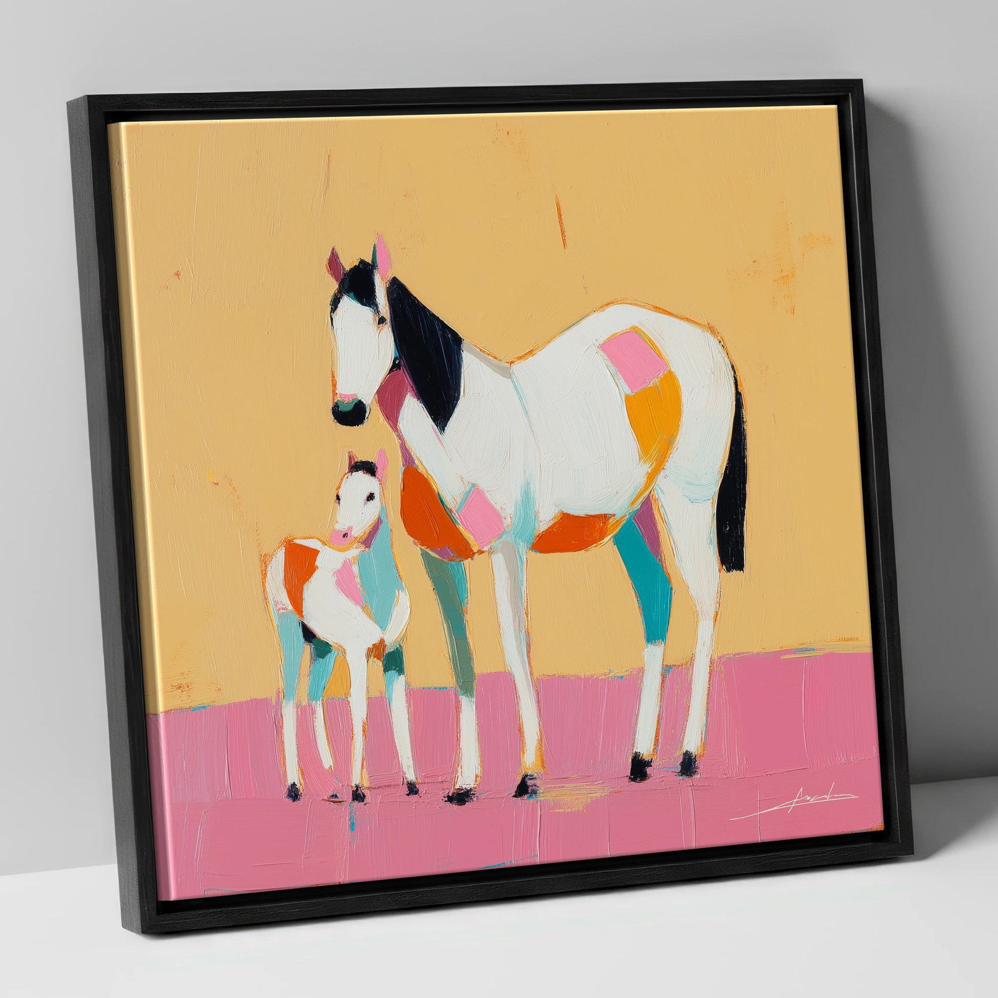 Vibrant Geometric Bond mare & foal canvas wall art in black frame