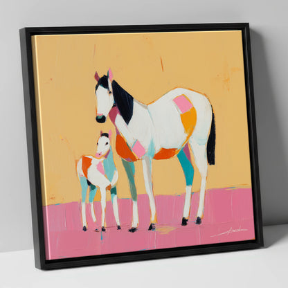 Vibrant Geometric Bond mare & foal canvas wall art in black frame