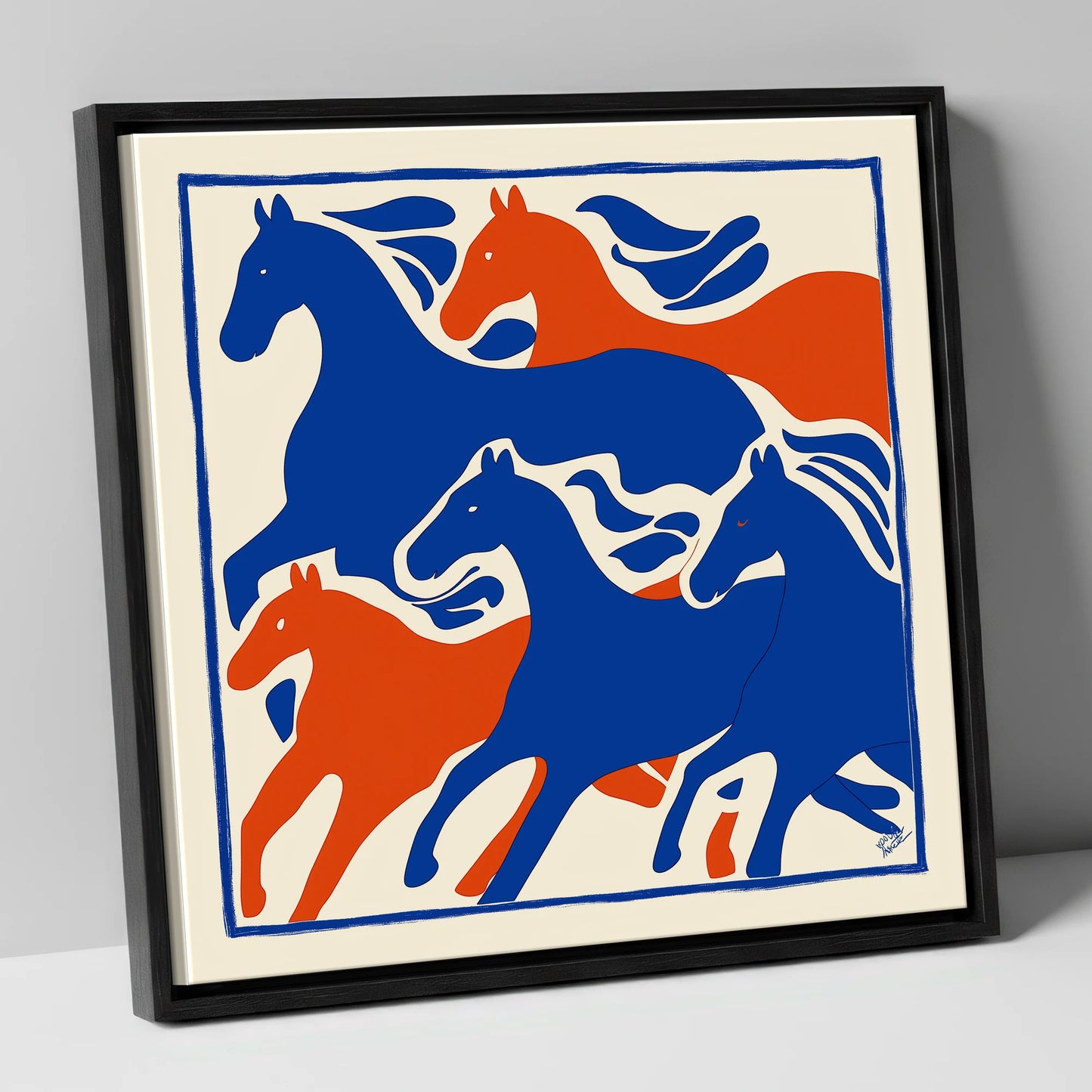 The Cobalt Herd wild horses canvas wall art in black frame