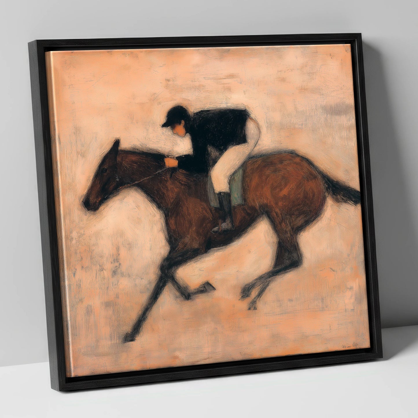 Flight of the Bay racing horse canvas wall art in black frame