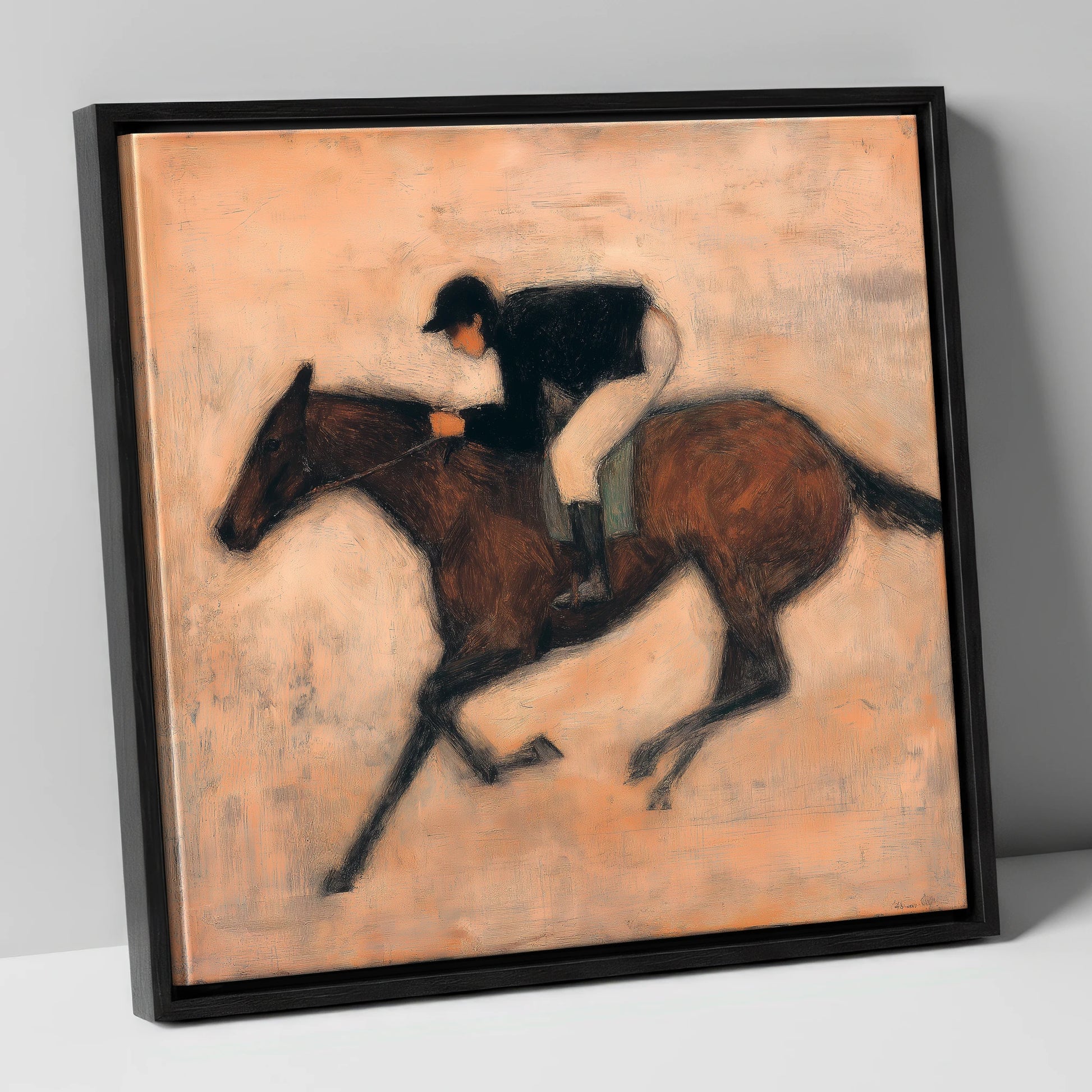 Flight of the Bay racing horse canvas wall art in black frame