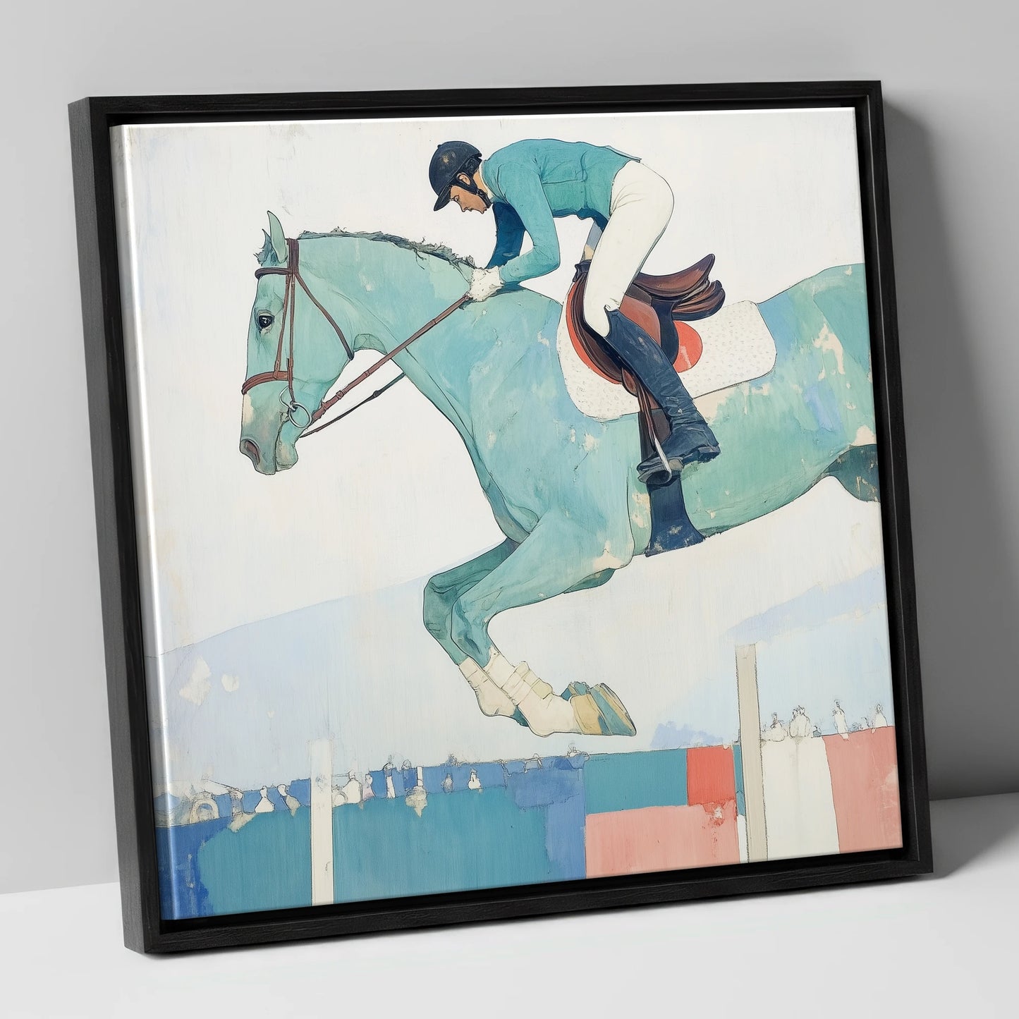 Aquamarine Ascent show jumping horse canvas wall art in black frame