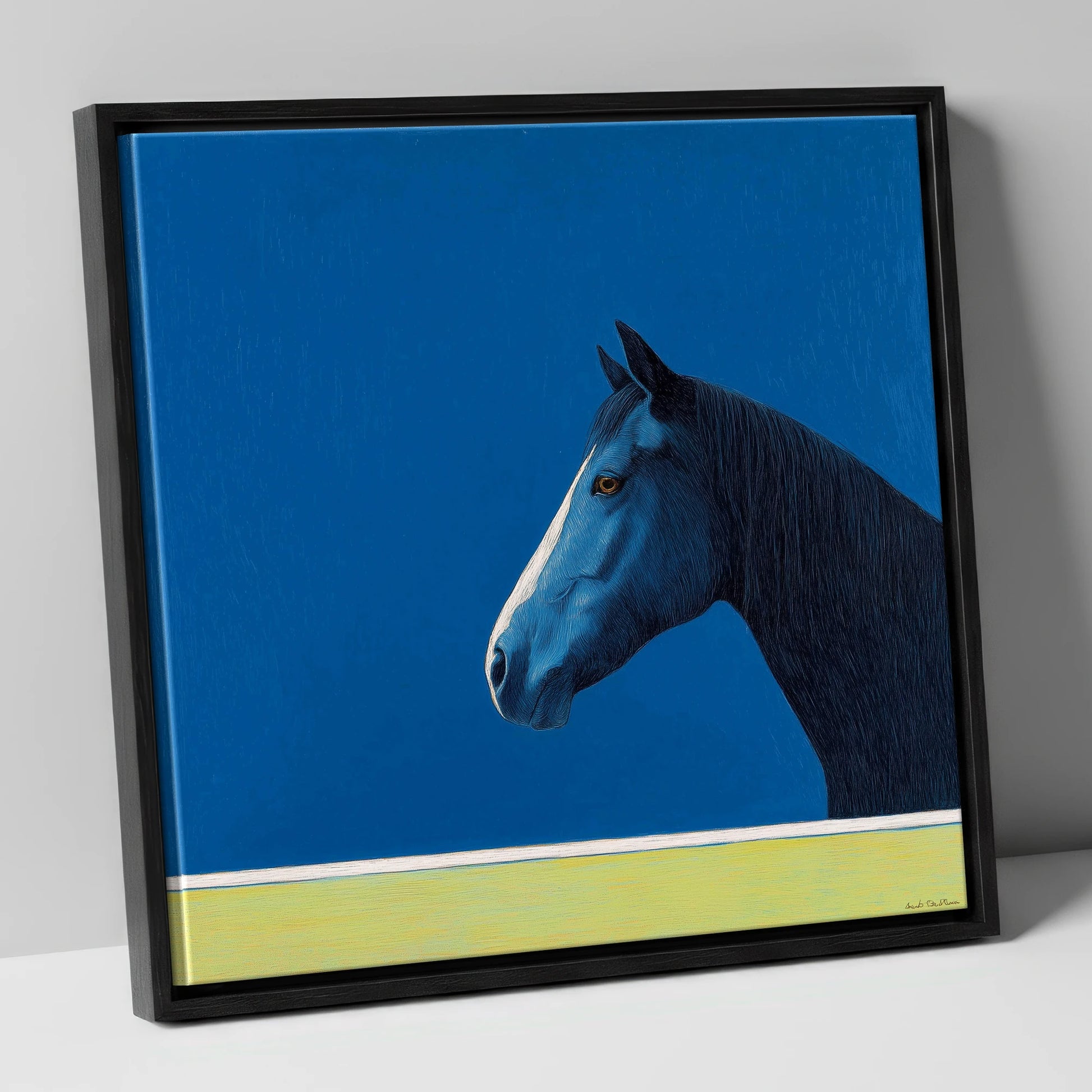 Midnight Blue Blaze horse portrait canvas wall art in black frame