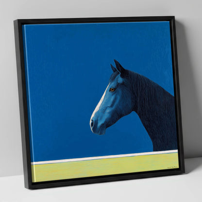 Midnight Blue Blaze horse portrait canvas wall art in black frame