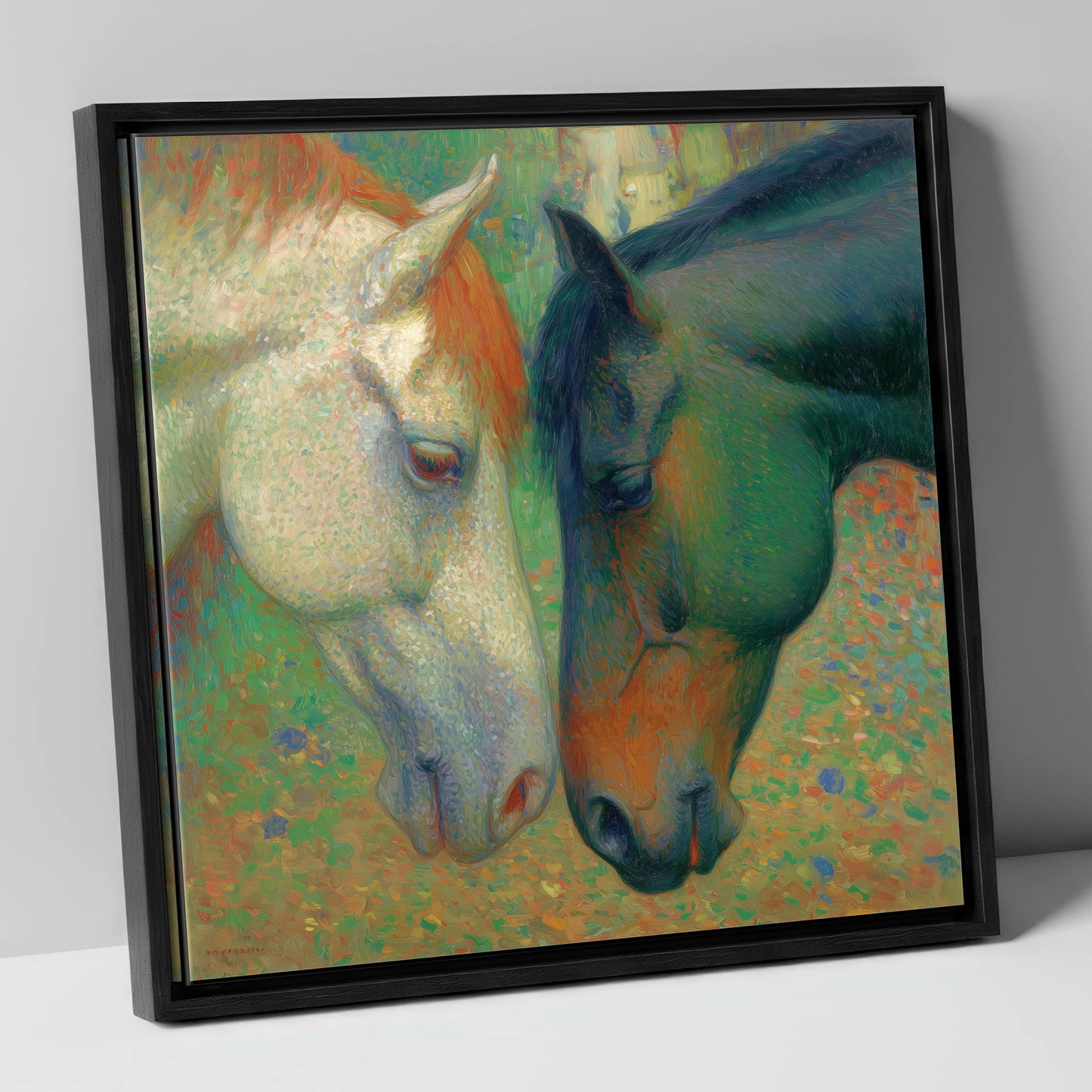 Dappled Companions horse portrait canvas wall art in black frame