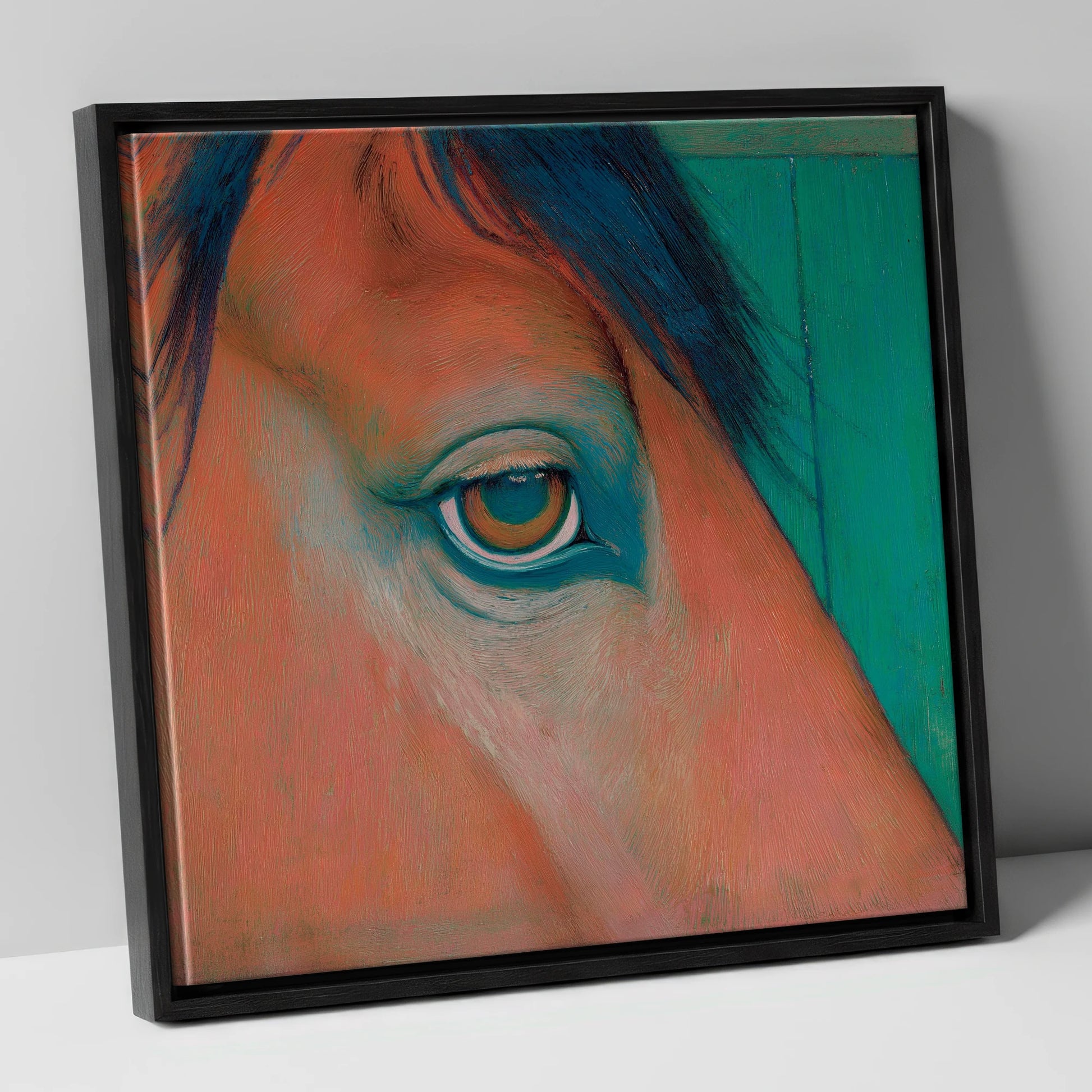 Soulful Emerald Gaze horse portrait canvas wall art in black frame
