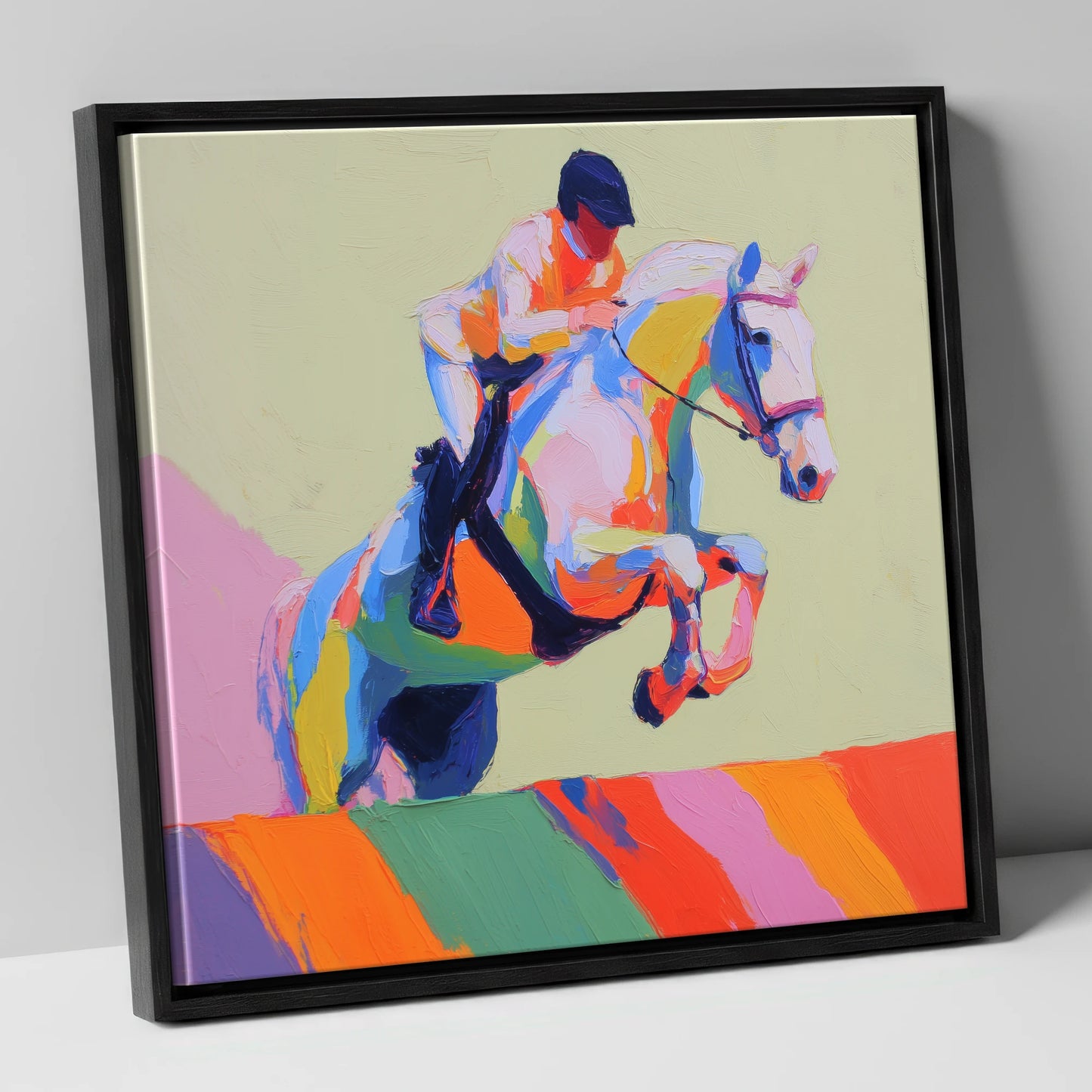 Technicolour Leap show jumping horse canvas wall art in black frame