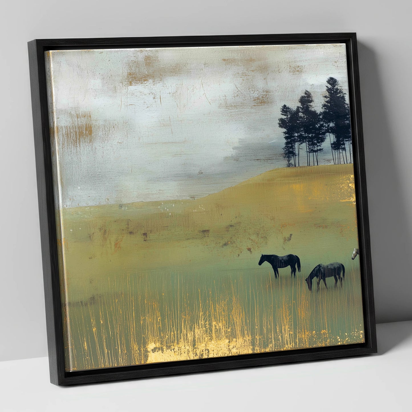 Gilded Grazing wild horses canvas wall art in black frame