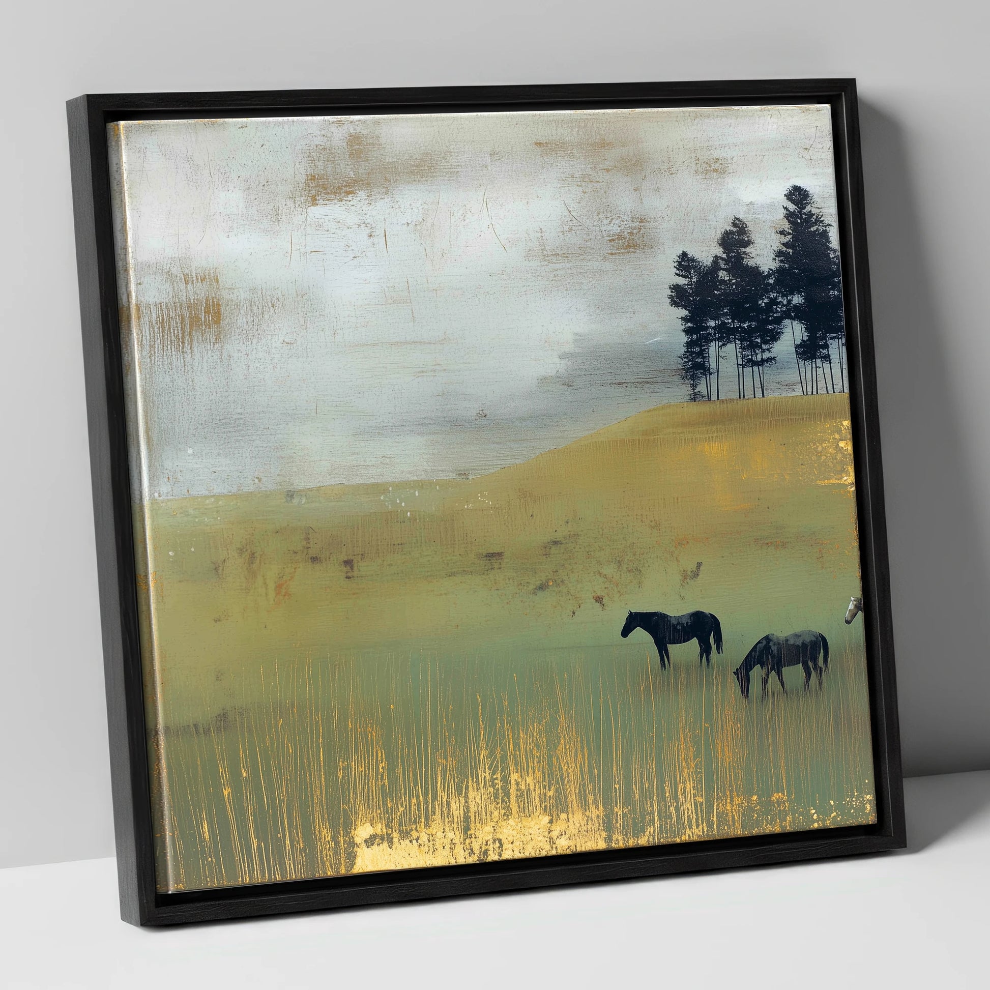 Gilded Grazing wild horses canvas wall art in black frame