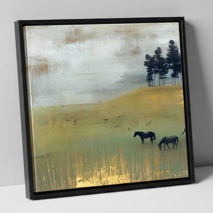 Gilded Grazing wild horses canvas wall art in black frame
