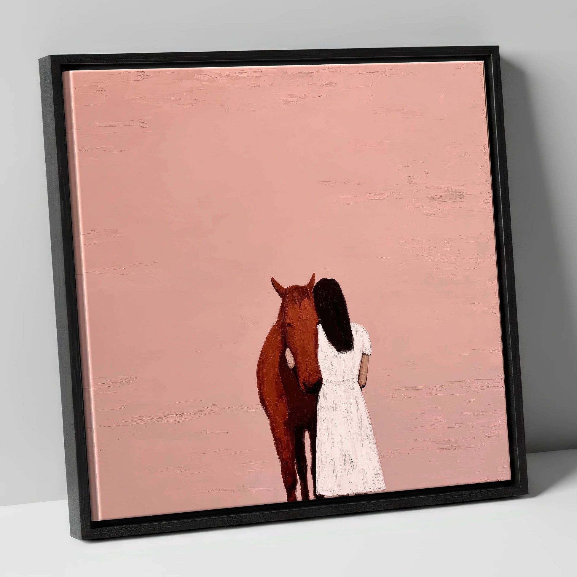 The Quiet Embrace horse & rider canvas wall art in black frame
