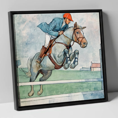 Clearing the White Rail show jumping horse canvas wall art in black frame