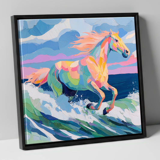 Technicolour Tide beach horse canvas wall art in black frame