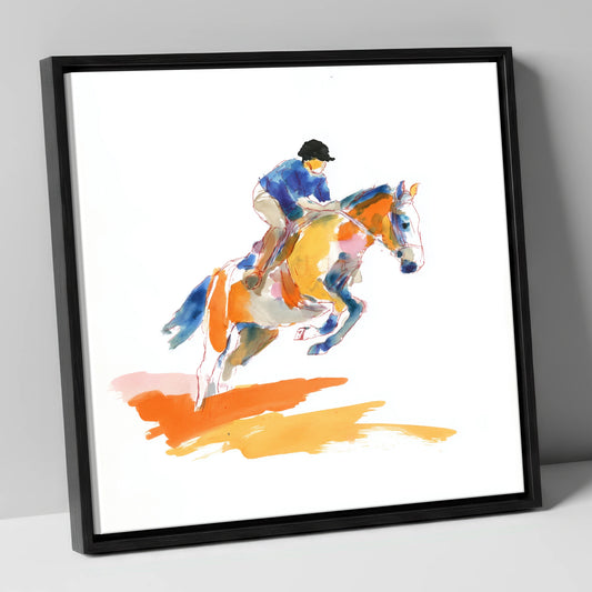 Vibrant Flight show jumping horse canvas wall art in black frame