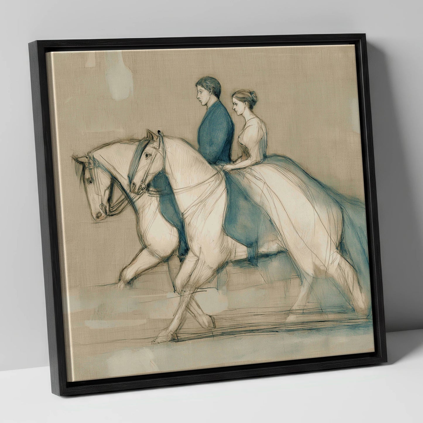 Quiet Companionship horse & rider canvas wall art in black frame
