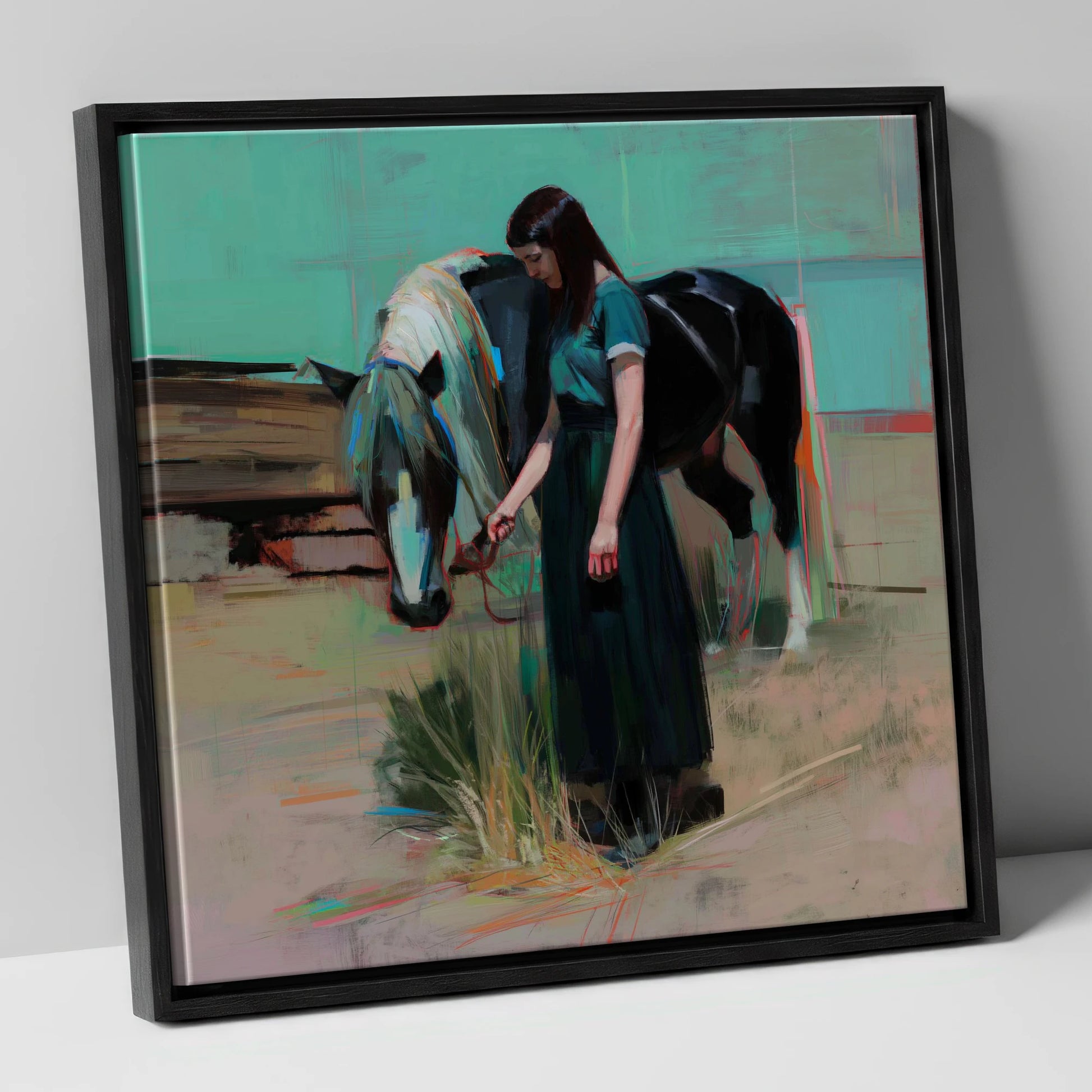 Stillness in Teal horse & rider canvas wall art in black frame